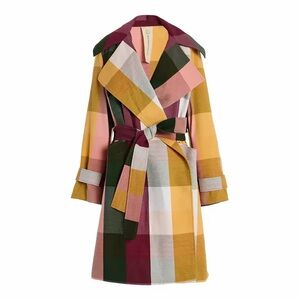 Marrakshi Life Collection 18 Plaid Check Trench Coat Belted Wrap Yellow Green XS